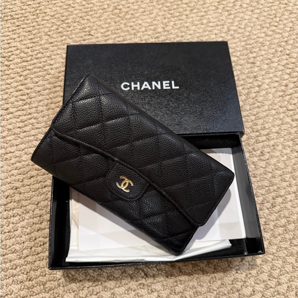 Classic Chanel Black Quilted Wallet with Gold Logo